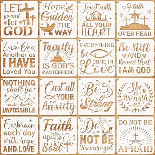 JSRQT 16 Pezzi Stencil Motivazionali Cristiani, Set Stencil Disegno per Pittura Ispiratrici Bible Verse, Modello Riutilizzabile in Plastica, Legno Parete Decorazione Creazione di Biglietti, 13 × 13 CM