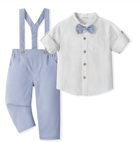 Volunboy Elegant barnset, linne pojke Henley skjortor rosett och hängslen byxor 4 delar ceremoni bröllopskläder, Himmelsblå, 4-5 anni