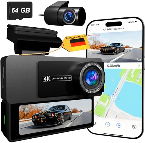 Dashcam Vorne+Hinten 4K/2K inkl. 64GB SD-Karte, 3,2 IPS Bildschirm, Night Vision, Parkraumüberwachung, Loop-Aufnahme, G-Sensor, WDR, GPS, WiFi, App