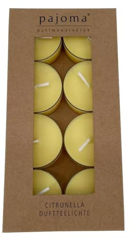pajoma® Candele profumate alla citronella – Set di 8 pezzi in cartone naturale | Ø 3,8 cm, durata circa 4 ore per lumino | profumo fresco estivo in tazza in policarbonato