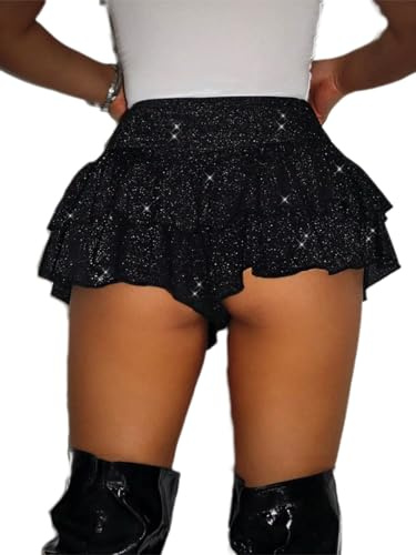 RoseSeek Women's Sequin Glitter Booty Shorts Layered Ruffle Sparkly Skirts High Waisted Club Party Rave Cheeky Skorts Black X-Large