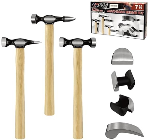 C&T Auto Body Repair Kit 7-Piece, Carbon Steel Hammer Heads & Dollies with Hickory Handles ，Comprehensive Panel Beating Tool Set for Dents Removal
