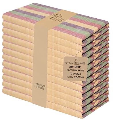 Urban Villa Cloth Napkins Set of 12 20x20 Inches 100% Cotton Napkins Cloth Washable Durable Reusable Absorbent Table Dinner Napkins Cloth for Thanksgiving Fall Hotel Lunch Restaurant- Harvest Stripes