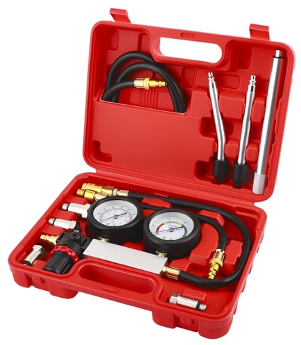 TU-21 Zylinder Leck Tester Kfz-Kit Benzinmotor Kompressionstester Doppelmanometer Leakdown Detector Tool Set für Druckprüfung & Leckrate Test mit Verlängerungsstab, 0-100PSI | 0-7Bar