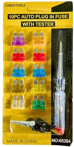 10 fusibles planos para coche con lámpara de prueba, comprobador de fusibles para coche, moto, camión, juego de 3 A hasta 30 A, fusibles de repuesto con probador, juego de fusibles para electricidad