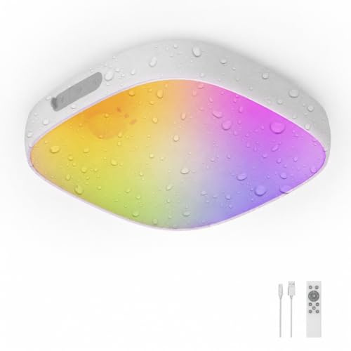 FULEN Plafonnier LED Avec Détecteur De Mouvement, Lampe De Douche IP65 Étanche, Lampe De Salle De Bain Rechargeable, Plafonnier Sans Fil Avec Couleurs RGB, Télécommande, Pour Salle De Bain,Garage