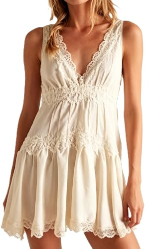 Apvirdy Womens Lace Slip Mini Dress Sexy V Neck Sleeveless Y2k Party Club Ruffle Hem Babydoll Summer Short Dress