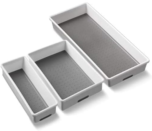 Addis 506985 Premium Tidy Drawer Soft Base Storage Boxes, White Grey, Set of 3, 18 x 40 x 7.5 cm