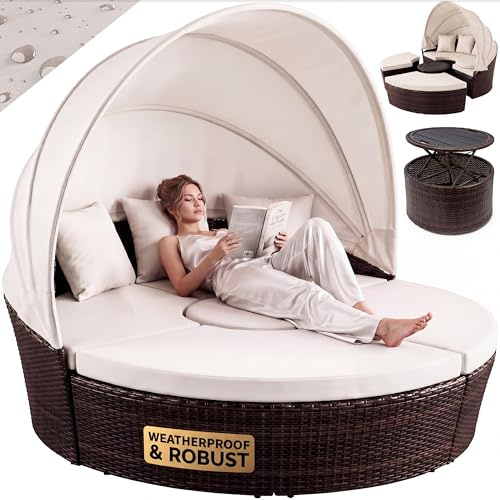 CASARIA® 185cm Garden Sun Island Lounger Set with Roof Canopy & Telescopic Table | Weatherproof Polyrattan 2 Person Relax Sunlounger Furniture | Outdoor Balcony Patio Deck | Brown/Cream