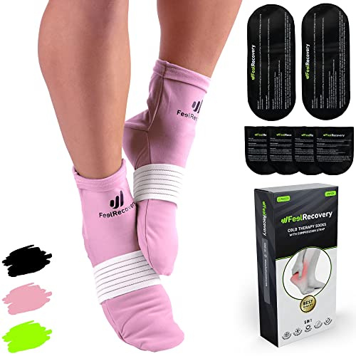 Calzini Refrigeranti Piedi e Caviglie - Calze per Terapia Caldo e Freddo - Impacco Ghiaccio Gel con Banda di Compressione - Neuropatia, Dolore al Piede e Fascite Plantare (L/XL, Rosa)