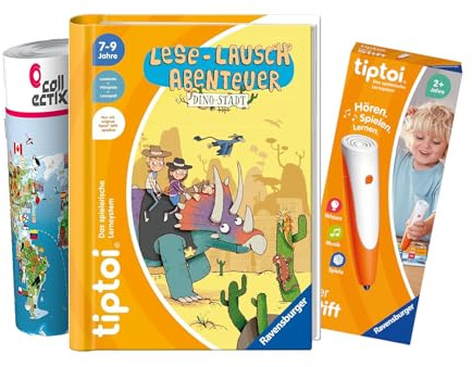 tiptoi Ravensburger Set: Lese-Lausch-Abenteuer | Dino-Stadt + 00110 Stift, Lernspielzeug für Kinder mit Welt-Karte