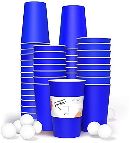 wisefood Bierpong Lot de 25 gobelets en papier bio - Gobelets en carton bleu - Beerpong jetables - Gobelets jetables - Gobelets de fête durables (25 pièces avec 3 balles)