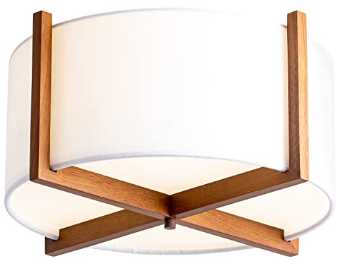 VILUXY Semi-Flush Mount Ceiling Light Fixture with Wood and Off-White Fabric Drum Shade Modern Chandelier for Bedroom, Dining Room, Corridor, Living Room 4-Light