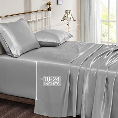 Vonty Satin Sheets Extra Deep Pocket Queen Sheet Sets - Cooling & Silky Satin Queen Size Sheets with 18-24 Inch Deep Pocket, Silver Grey Satin Bed Sheets Fit Up to 24 Deep Mattress - 4 Piece