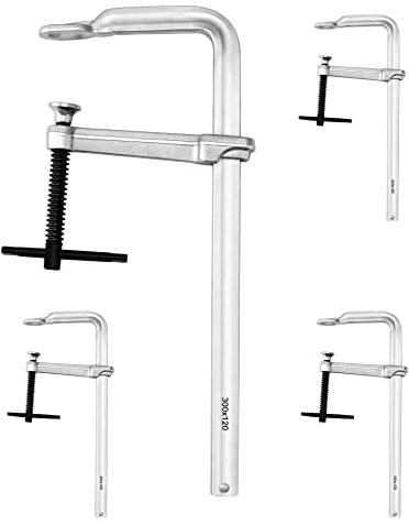 QWORK 12 Heavy Duty F Clamp, 4 Pack Drop-forged Bar Clamp, 4-3/4 Inch Throat Depth, 0.87 x 0.42 Guide Bar, Professional Forging Jaws, Rail, Spindle and Handle