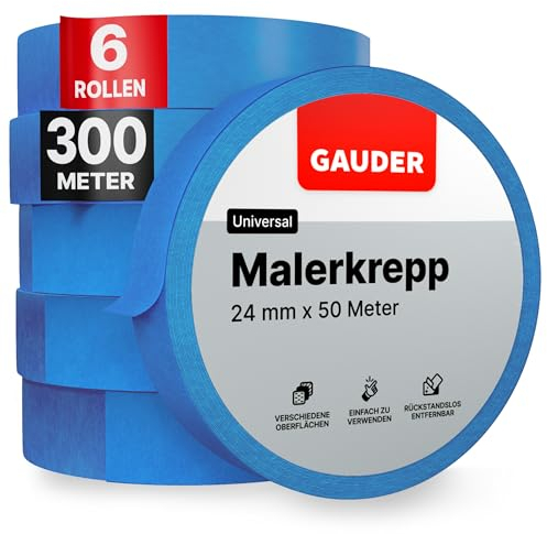 GAUDER Malerkrepp für präzise Farbkanten - Profi-Kreppband für Malerarbeiten - Malerband & Abdeckband blau - Abklebeband aus Washi-Papier (6 Rollen - 24 mm x 50 m)