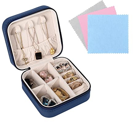 FuninCrea Jewellery Box Organiser for Women, Mini PU Leather Travel Jewelry Storage Case with 3pcs Silver Cloth for Rings Earrings Necklace, Portable Jewelry Case for Girl, Wife, Mother (PU blue)