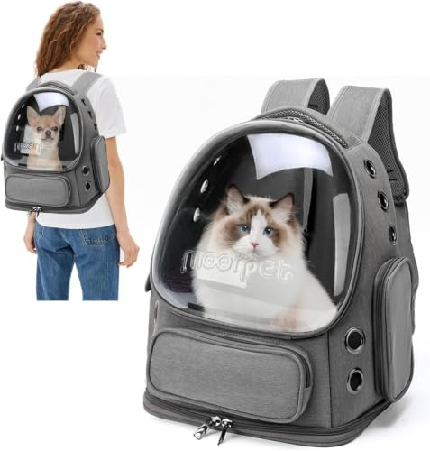 PETCUTE Zaino per Gatti e Cani,Zaino per Animali Domestici con Design a Bolle,Tappetino Rimovibile,Pieghevole e Portatile,per Animali Fino a 16lbs,per Viaggi,Escursioni e Cliniche Veterinarie,Grigio