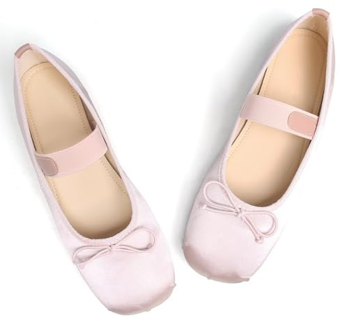 LUXINYU Cute Bowknot Mary Jane Shoes for Women Comfortable Square Toe Elastic Band Ballet Flats Satin Dress Shoes,Pink 8.5