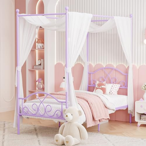 Weehom Princess Canopy Bed Frame with 4 Posters, Sturdy Metal Platform Bed with Headboard&Footboard No Box Spring Needed Twin Size Bed for Kids Girls Adults,Purple