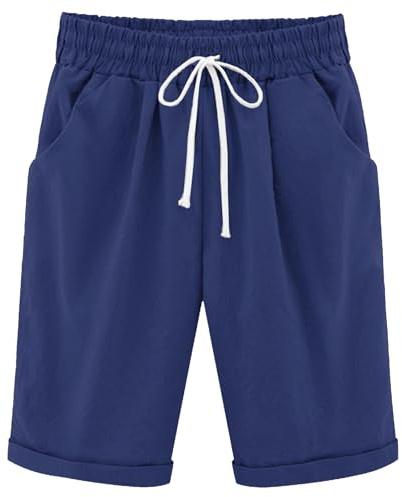 NLAND Pantalones Cortos Mujer Verano Alta Cintura Elástico Bermudas Shorts con Cordón Bolsillos Ligero Casual Pantalon Corto para Playa Deporte(Azul Marino,XL)