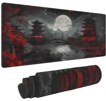 Tappetino per mouse giapponese, XXL, 80 x 30 cm, design nero e rosso, ampio tappetino per mouse da gaming, tappetino da scrivania, base in gomma antiscivolo, bordi cuciti, per casa e ufficio