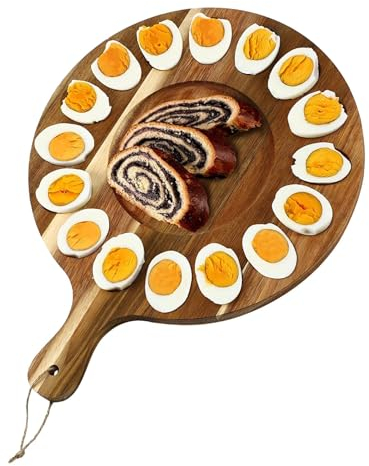 Moreeulsi 36x30cm Plato De Madera Con Asa, Fuente De Huevos Para Huevos Rellenos, Tabla Redonda De Madera Para Huevos De Charcutería, Plato De Huevo Charcutería Reversible De 16 Agujeros