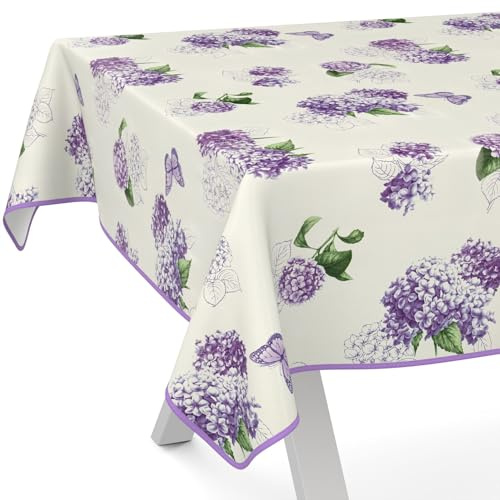 ANRO Nappe en toile cirée lavable, pour table de jardin, de forme ronde, ovale ou rectangulaire, 160 x 100 cm, avec ourlet (bordée), fleurs lilas