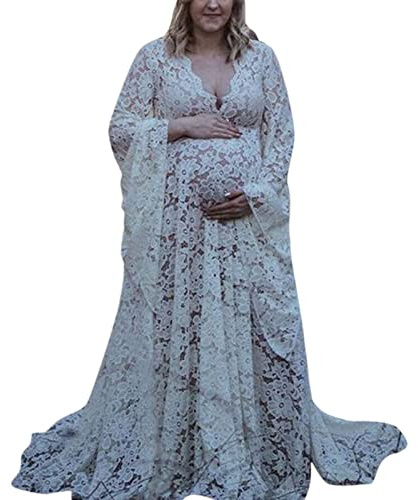 Generisch Robe de maternité pour femme - Style bohème - En dentelle - Pour la photographie de maternité - Robe longue de grossesse - Robe de fête pour femme - Mariage, Blanc., L