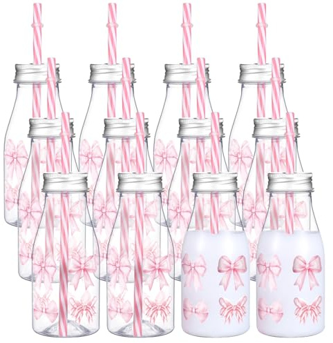 Chuangdi 12 Sets 8. 5 oz Pink Bow Milk Bottles with Straws Lids Stickers Plastic Baby Bottles for Baby Shower Reusable Aesthetic Pink Bow Tumbler for Party Favors Birthday Supplies