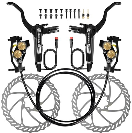 AOPUTTRIVER 4 Pistons E-Bike Electric Power-Off Hydraulic Disc Brake Set for 2-PIN, 610NM Dry Braking Force, Aluminum Alloy Brake Lever with 180mm Rotors for Mountain Bike, Road Bike