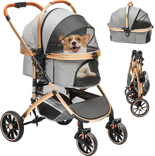 DWVO Hundewagen 3 in1 Hundebuggy bis 22kg Hundebox Transporttasche, Faltbar klappbar Katzenwagen, Netzfenstern, Getränkehalter, 360° Verschleißfeste EVA-Räder, für Hunde und Katzen (Grau)