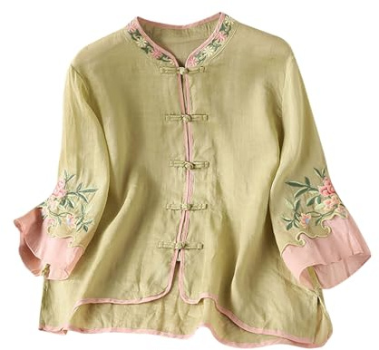 TURWXGSO 3/4 Sleeve Tops for Women Embroidered T-Shirt Linen Blend Blouse - Boho Loose Fit Summer Women Vintage Cheongsam Shirts Hanfu Chinese Traditional Tang Suit Button Up Blouse M-3XL