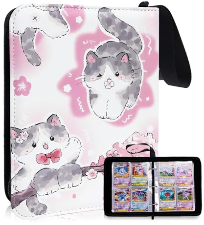 Pink Card Binder 400 Pocket, 50 Sleeves Trading Card Holder, 3 Ring Collection Album Folder for Cards, Card Collector, Photos, Cute Cat&Cherry blossoms Photo Album Binder for Kids Girls
