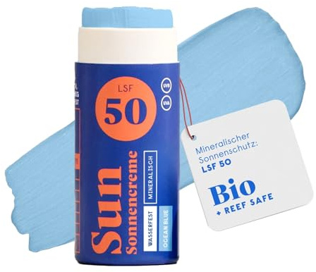 forpeople Crème solaire bio SPF 50 - Imperméable - Avec zinc - Filtre UV minéral - Pour enfants et adultes - 100 % naturel - Couleur : bleu