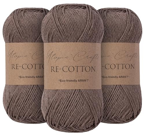 Utopia Crafts Re-Cotton - Ovillo de lana para tejer, 3 unidades, 100 g (café romano)
