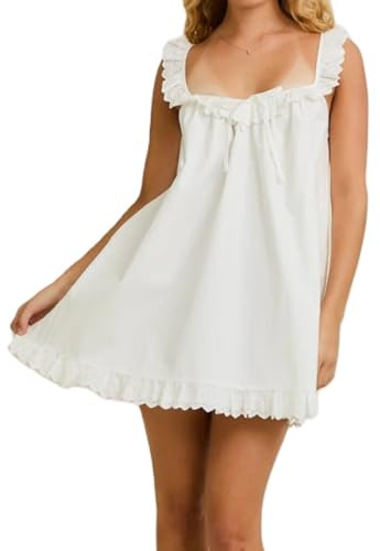 Feclmiyt Women‘s Summer Mini Dress Y2k Bow Front Ruffled Trim Sleeveless Babydoll Short Dress Loose Fit Tank Sundresses Beachwear (White, S)