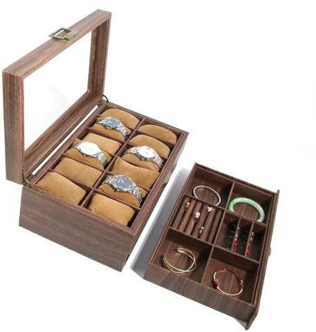 RATSTONE Boîte à Montres En Bois,Boîte De Rangement Pour 12 Montres-Cave à Montre Pour Homme Et Femme,Uhrenaufbewahrung Avec Couvercle En Verre,Avec Coussin Amovible Et Tiroir