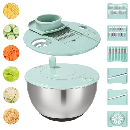 5 l, centrifuga per insalata con coperchio con 6 taglierine e 1 tagliere, centrifuga per insalata, in acciaio inox, utilizzata per pulire insalate, verdure, frutta, asciugare e tagliare