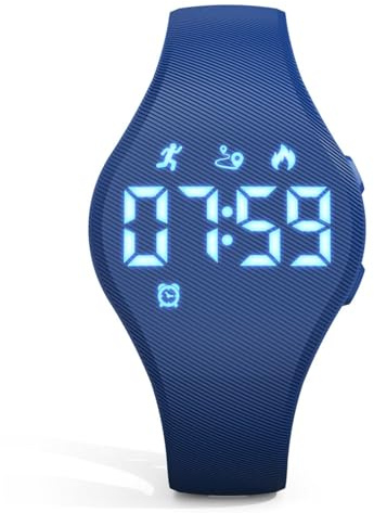 Focwony Reloj digital LED para niños de 5 a 15 años, sin aplicación, impermeable, con podómetro, contador de pasos, reloj despertador, para niños, niñas y adolescentes (azul oscuro)