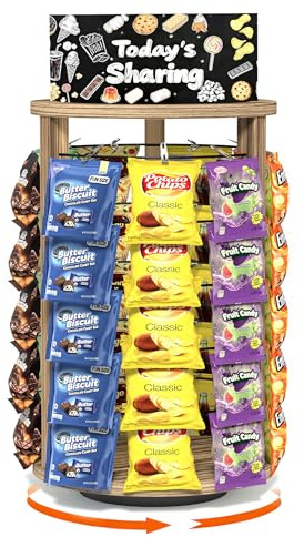 Emfogoo 360° vridbar snackhylla, 5 våningar snackhylla, förvaringshylla med 50 klämmor, trä, godis, chips mellanmålshylla, display för butiker, hem, kontor, diskarna och försäljningsställ (rustik brun