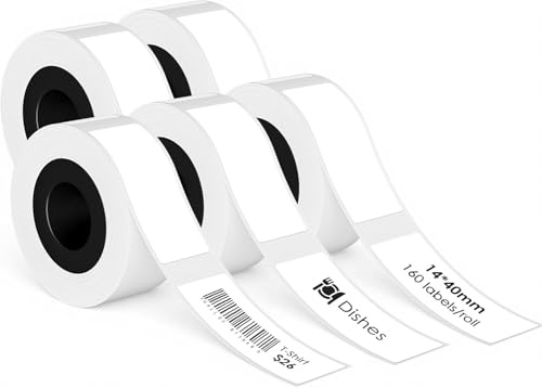 5 Rollos Impresión de Etiquetas de Papel, GuKKK 14 mm * 40 mm Cinta Adhesiva para Impresora Térmica HP2-S, Etiquetas en Blanco Impermeable Resistente al Desgarro, Etiqueta Blanca, 160/ Rollo