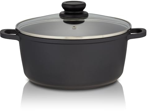 KHG Topf Kochtopf 24 cm Induktion Antihaftbeschichtung 4 Liter | Schwarz Aluminium mit Glasdeckel | Stabile Griffe aus einem Guss | für alle Herdarten geeignet