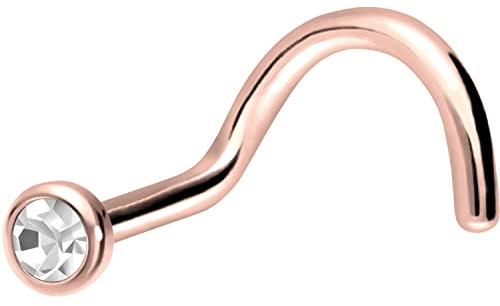 PIERCINGLINE Nasenpiercing TITAN FLACHE KRISTALLDISC Piercing Nase Stecker Spirale Roségoldfarben Kristallklar 0,8 mm
