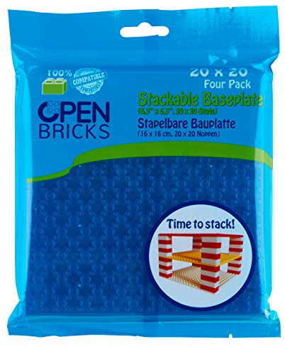 Open Bricks Bauplatten, 20x20 (16 x 16 cm), Transparent Blau/Transparent Blue, 4 Stück, Kompatibel mit Allen führenden Marken, Beidseitig bebaubar, OB-P20TB4