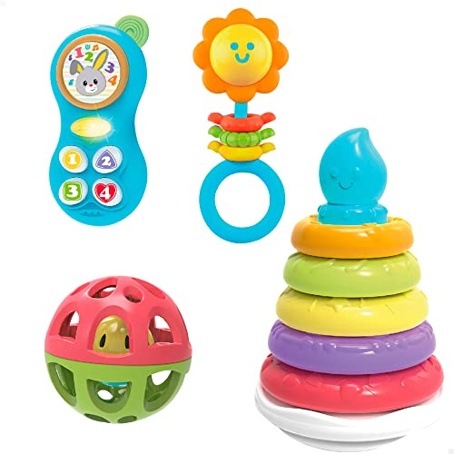 Winfun 46885 - Set 4 attività neonato/Include sonaglio con massaggiagengive e telefono con luce e melodie, palla con sonaglio e tentetiese/regalo per bambini