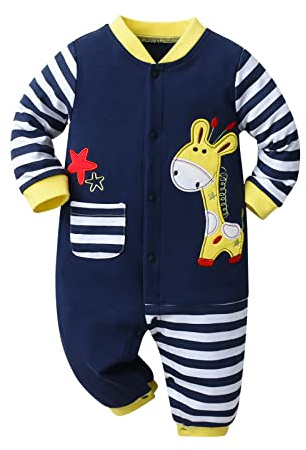 Baby Boys Girls Romper with Giraffe Pattern One Piece Jumpsuit Long Sleeve Baby Outfits 2 Pack, Blue, 6-9 Months