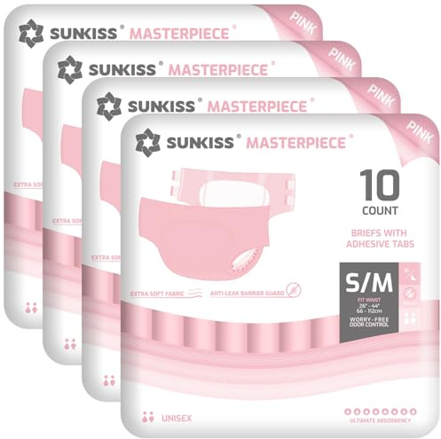 SUNKISS Masterpiece Adult Nappies, High Absorbency, Pink, S/M, 40 Count | Unisex Adult Diapers for Women and Men, Odor Control, Overnight Protection