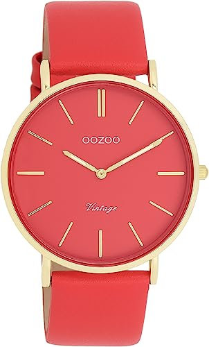 Oozoo Vintage Damen Uhr Chilli/Gold - Armbanduhr Damen mit 20mm Lederarmband - Analog Damenuhr in rund C20325