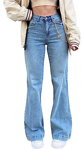 Women High Waisted Tummy Control Flared Fit Jeans Washed Distressed Long Denim Pants Bell Bottoms(UK 10/Tag M,Light Blue)